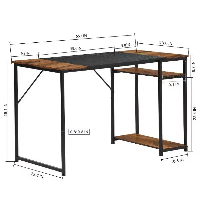 FurnitureR Bureau d'ordinateur 140 cm avec étagères latérales, bureau gaming style industriel avec cadre en métal, poste de travail de bureau à domicile avec rangement pour PC, ordinateur portable