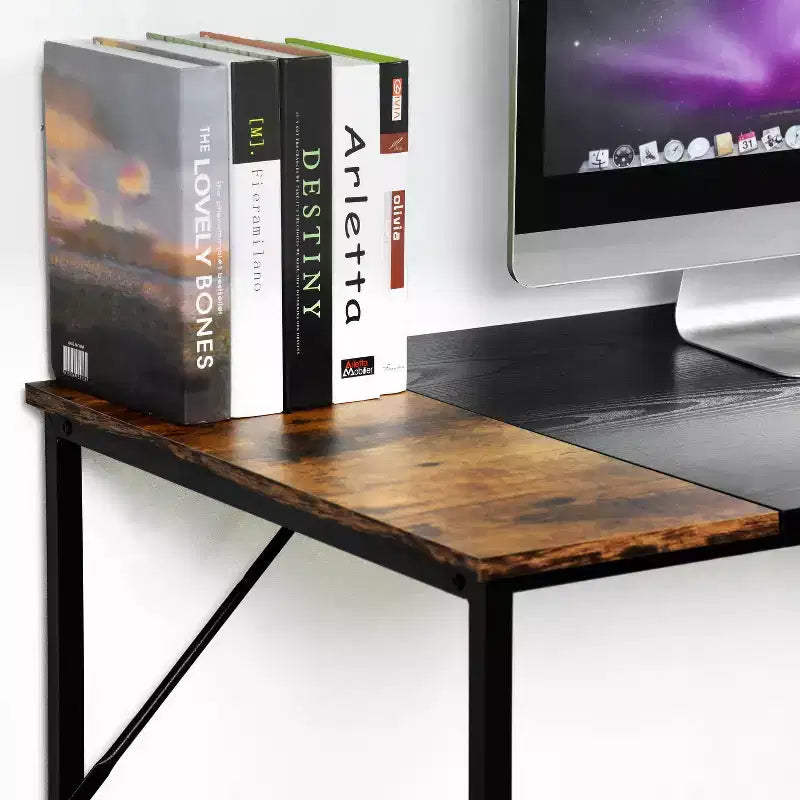 FurnitureR Bureau d'ordinateur 140 cm avec étagères latérales, bureau gaming style industriel avec cadre en métal, poste de travail de bureau à domicile avec rangement pour PC, ordinateur portable