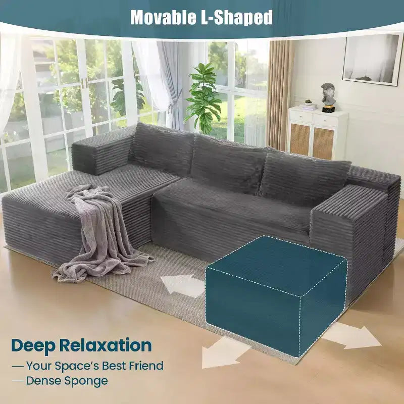 Homdox Canapé d'angle en U 109 places avec ottoman – Ensemble canapé en velours côtelé sans ossature, sièges profonds et épais, aucun assemblage requis