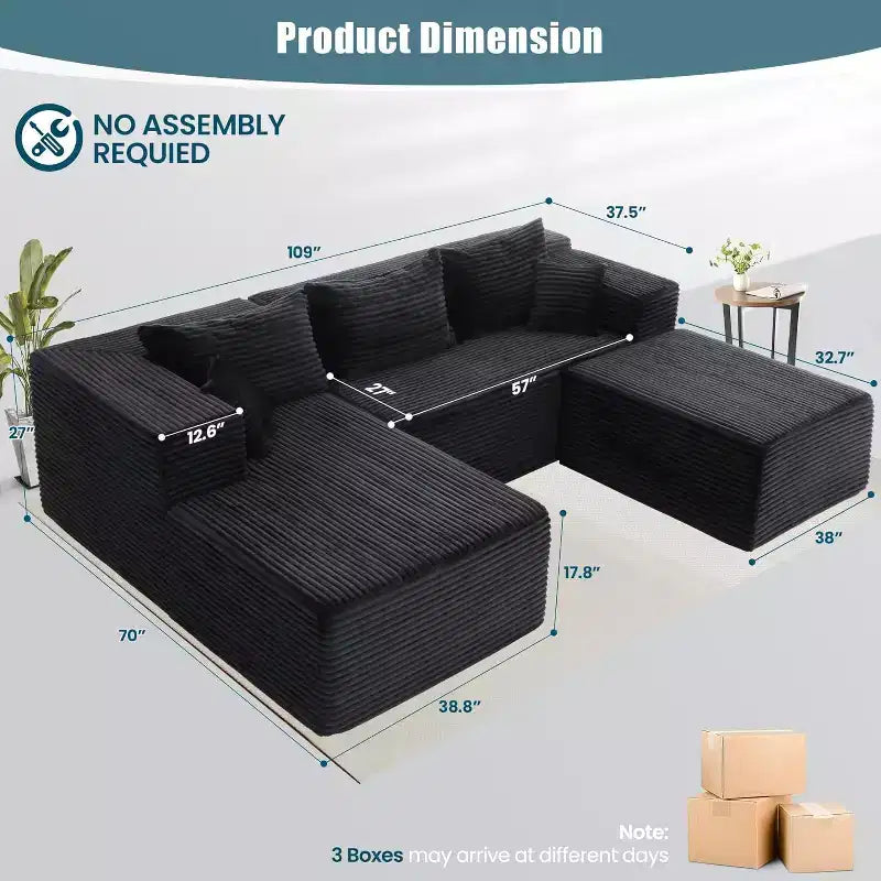 Homdox Canapé d'angle en U 109 places avec ottoman – Ensemble canapé en velours côtelé sans ossature, sièges profonds et épais, aucun assemblage requis
