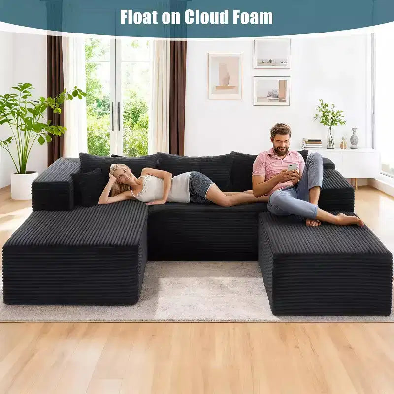 Homdox Canapé d'angle en U 109 places avec ottoman – Ensemble canapé en velours côtelé sans ossature, sièges profonds et épais, aucun assemblage requis