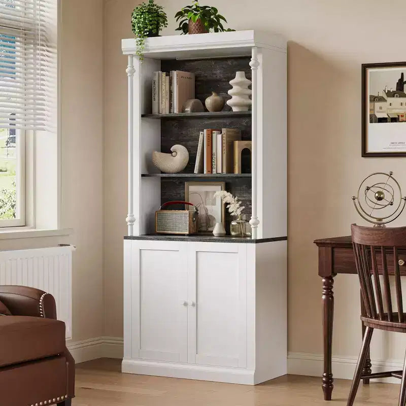 GustoWave 71 5-Tier Open Bookcase, Tall Roman Column Bookshelf with LED Lights, White & Black Wood Grain, Adjustable Shelves