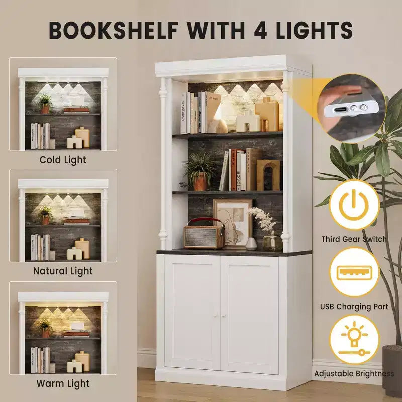 GustoWave 71 Bibliothèque ouverte à 5 niveaux, étagère à livres haute avec colonnes romaines et lumières LED, grain de bois blanc et noir, étagères réglables