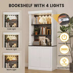 GustoWave 71 Bibliothèque ouverte à 5 niveaux, étagère à livres haute avec colonnes romaines et lumières LED, grain de bois blanc et noir, étagères réglables