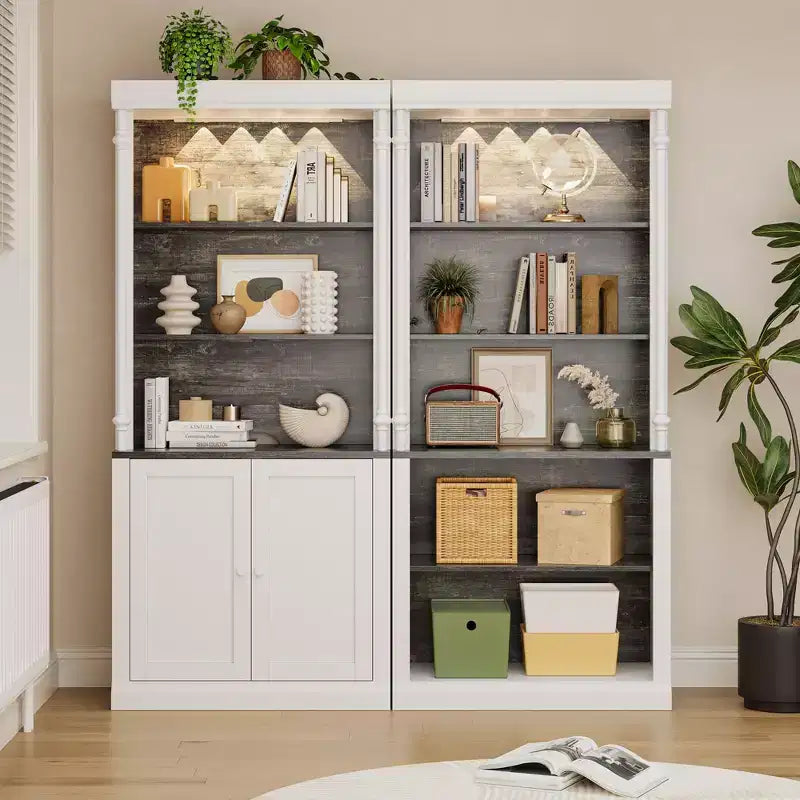 GustoWave 71 Bibliothèque ouverte à 5 niveaux, étagère à livres haute avec colonnes romaines et lumières LED, grain de bois blanc et noir, étagères réglables