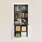 GustoWave 71 Bibliothèque ouverte à 5 niveaux, étagère à livres haute avec colonnes romaines et lumières LED, grain de bois blanc et noir, étagères réglables