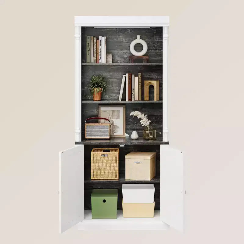 GustoWave 71 Bibliothèque ouverte à 5 niveaux, étagère à livres haute avec colonnes romaines et lumières LED, grain de bois blanc et noir, étagères réglables