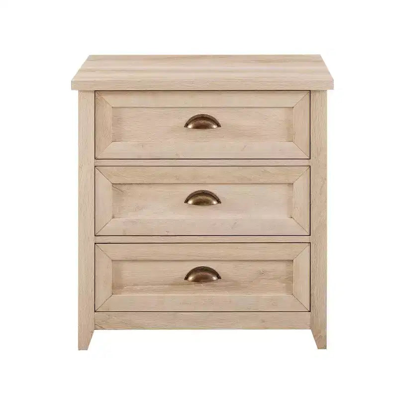 Table de chevet en chêne blanc à 3 tiroirs de style campagnard, poignées cuvettes