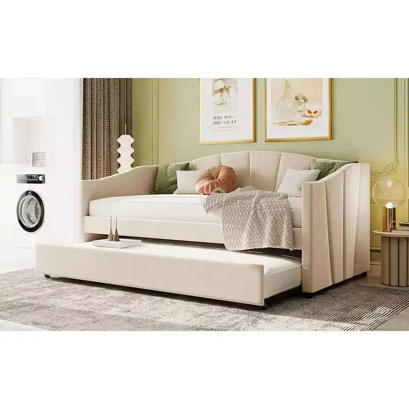 Lit de repos capitonné pour lit jumeau avec lit gigogne, canapé-lit en velours avec tête de lit et accoudoirs pour salon
