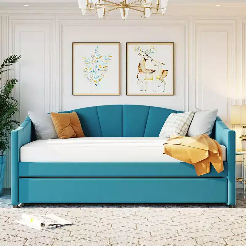 Lit de repos capitonné pour lit jumeau avec lit gigogne, canapé-lit en velours avec tête de lit et accoudoirs pour salon