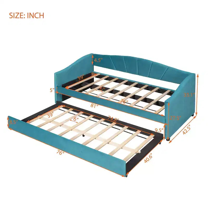 Lit de repos capitonné pour lit jumeau avec lit gigogne, canapé-lit en velours avec tête de lit et accoudoirs pour salon