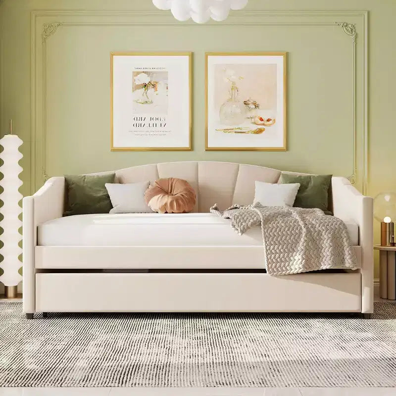 Lit de repos capitonné pour lit jumeau avec lit gigogne, canapé-lit en velours avec tête de lit et accoudoirs pour salon