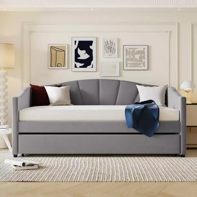 Lit de repos capitonné pour lit jumeau avec lit gigogne, canapé-lit en velours avec tête de lit et accoudoirs pour salon