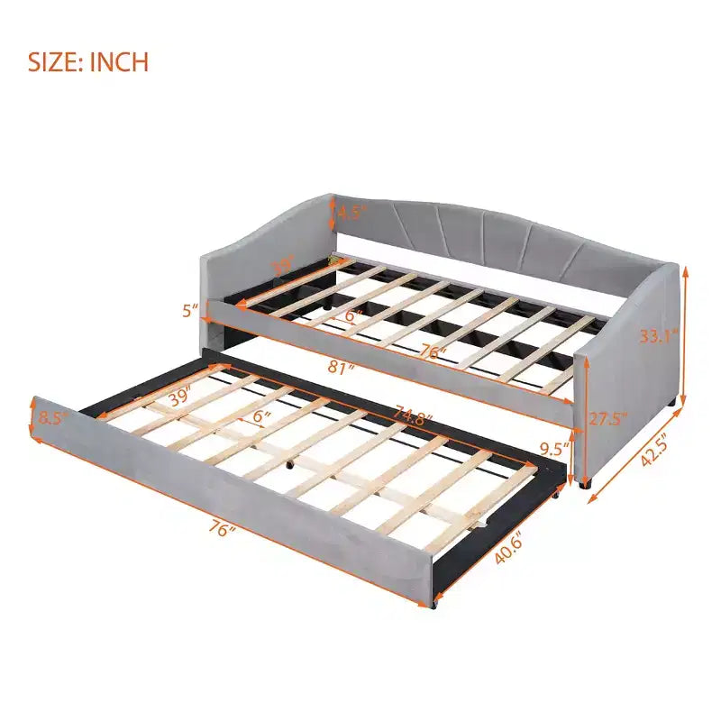 Lit de repos capitonné pour lit jumeau avec lit gigogne, canapé-lit en velours avec tête de lit et accoudoirs pour salon