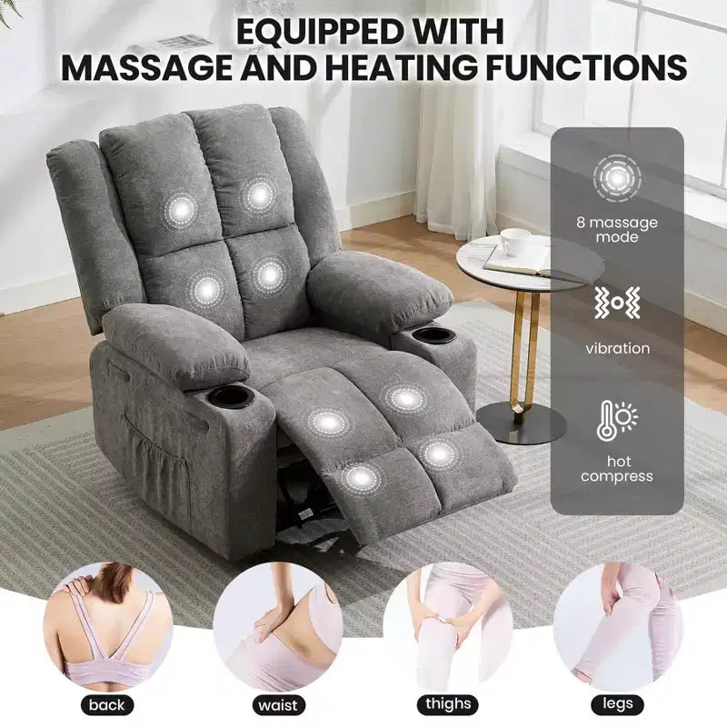 Fauteuil inclinable massant surdimensionné GustoWave avec fonction chauffante pour adultes, canapé inclinable manuel en tissu avec poche latérale, lin
