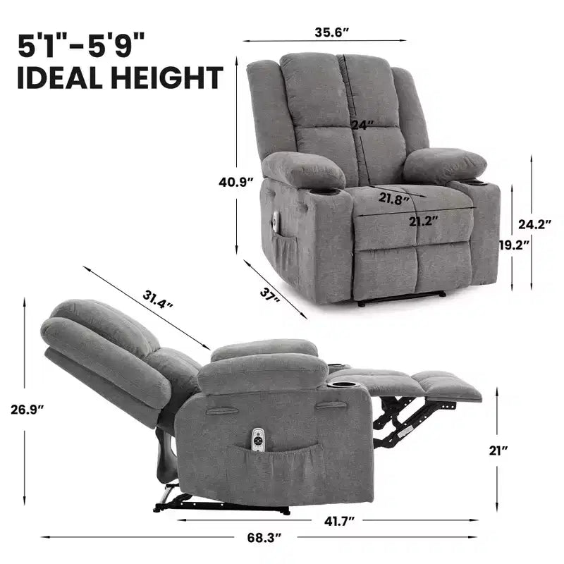 Fauteuil inclinable massant surdimensionné GustoWave avec fonction chauffante pour adultes, canapé inclinable manuel en tissu avec poche latérale, lin