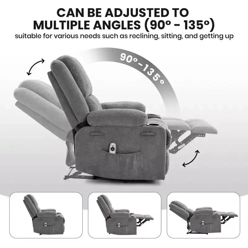 Fauteuil inclinable massant surdimensionné GustoWave avec fonction chauffante pour adultes, canapé inclinable manuel en tissu avec poche latérale, lin