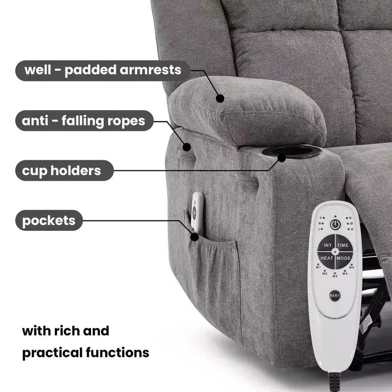 Fauteuil inclinable massant surdimensionné GustoWave avec fonction chauffante pour adultes, canapé inclinable manuel en tissu avec poche latérale, lin