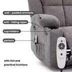 Fauteuil inclinable massant surdimensionné GustoWave avec fonction chauffante pour adultes, canapé inclinable manuel en tissu avec poche latérale, lin