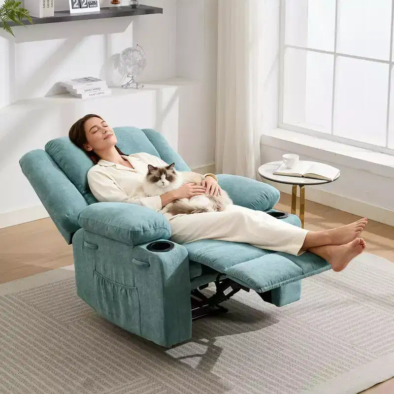 Fauteuil inclinable massant surdimensionné GustoWave avec fonction chauffante pour adultes, canapé inclinable manuel en tissu avec poche latérale, lin