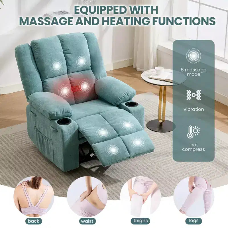Fauteuil inclinable massant surdimensionné GustoWave avec fonction chauffante pour adultes, canapé inclinable manuel en tissu avec poche latérale, lin