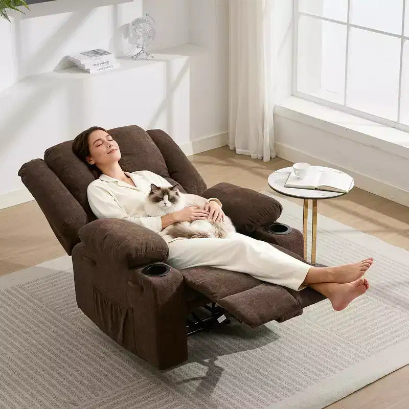Fauteuil inclinable massant surdimensionné GustoWave avec fonction chauffante pour adultes, canapé inclinable manuel en tissu avec poche latérale, lin