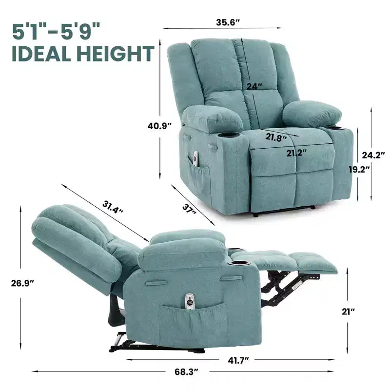 Fauteuil inclinable massant surdimensionné GustoWave avec fonction chauffante pour adultes, canapé inclinable manuel en tissu avec poche latérale, lin