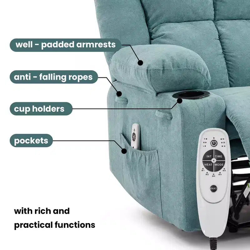 Fauteuil inclinable massant surdimensionné GustoWave avec fonction chauffante pour adultes, canapé inclinable manuel en tissu avec poche latérale, lin