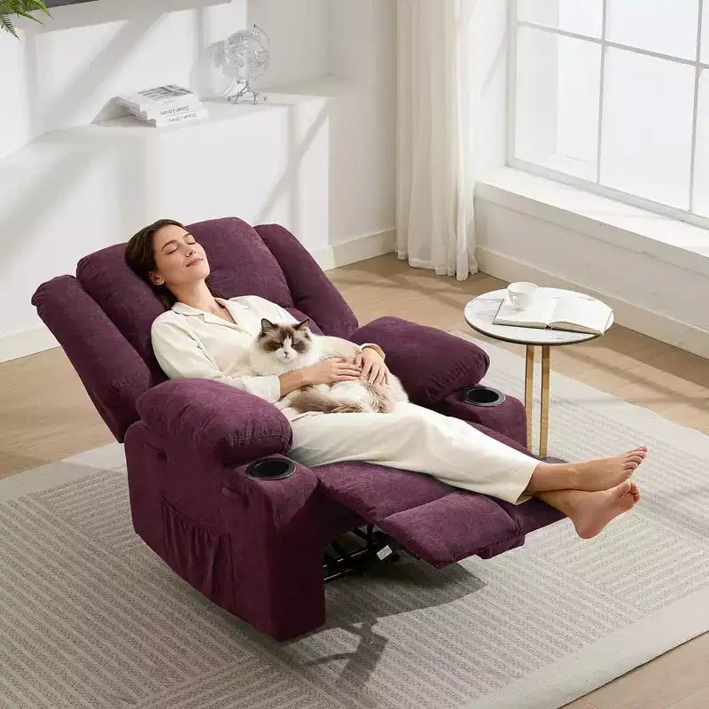 Fauteuil inclinable massant surdimensionné GustoWave avec fonction chauffante pour adultes, canapé inclinable manuel en tissu avec poche latérale, lin