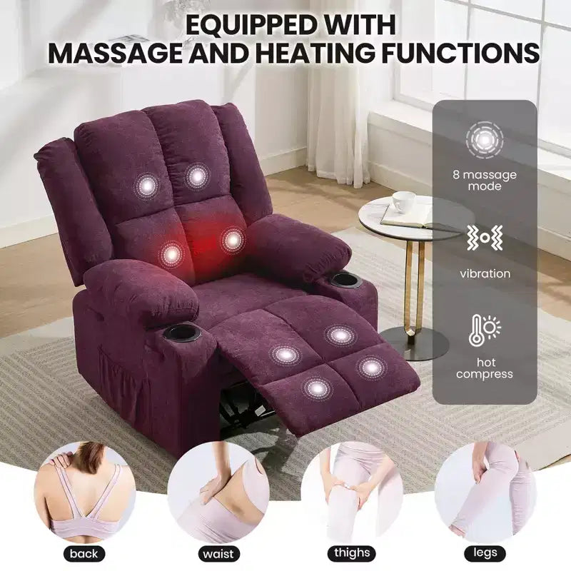Fauteuil inclinable massant surdimensionné GustoWave avec fonction chauffante pour adultes, canapé inclinable manuel en tissu avec poche latérale, lin