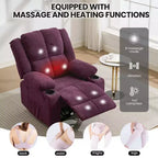 Fauteuil inclinable massant surdimensionné GustoWave avec fonction chauffante pour adultes, canapé inclinable manuel en tissu avec poche latérale, lin