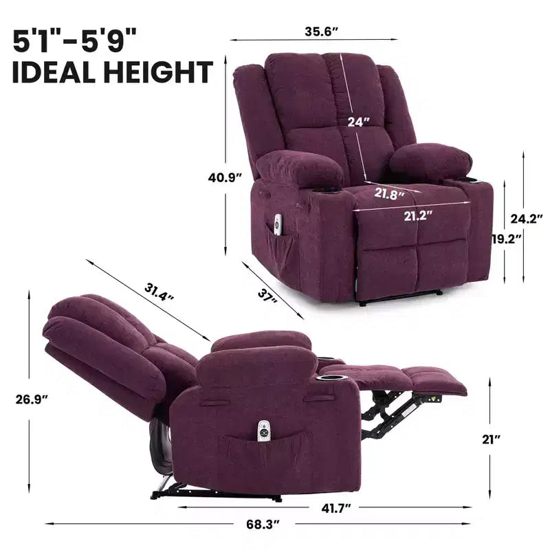 Fauteuil inclinable massant surdimensionné GustoWave avec fonction chauffante pour adultes, canapé inclinable manuel en tissu avec poche latérale, lin