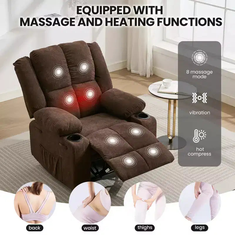 Fauteuil inclinable massant surdimensionné GustoWave avec fonction chauffante pour adultes, canapé inclinable manuel en tissu avec poche latérale, lin