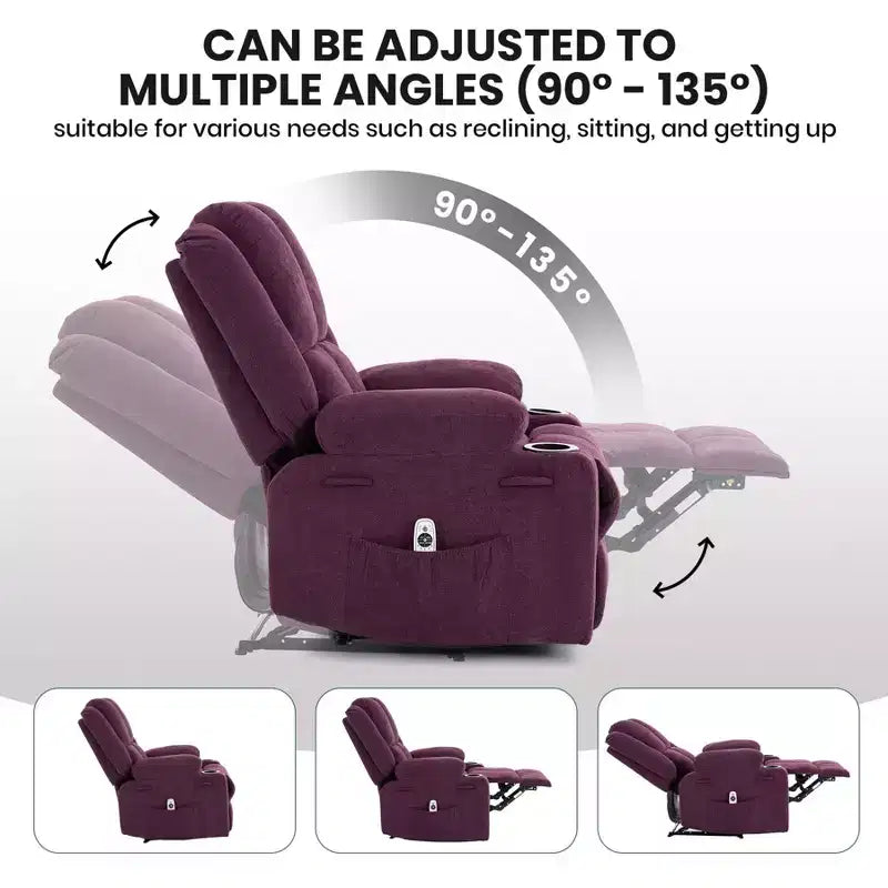 Fauteuil inclinable massant surdimensionné GustoWave avec fonction chauffante pour adultes, canapé inclinable manuel en tissu avec poche latérale, lin