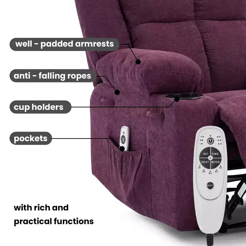 Fauteuil inclinable massant surdimensionné GustoWave avec fonction chauffante pour adultes, canapé inclinable manuel en tissu avec poche latérale, lin