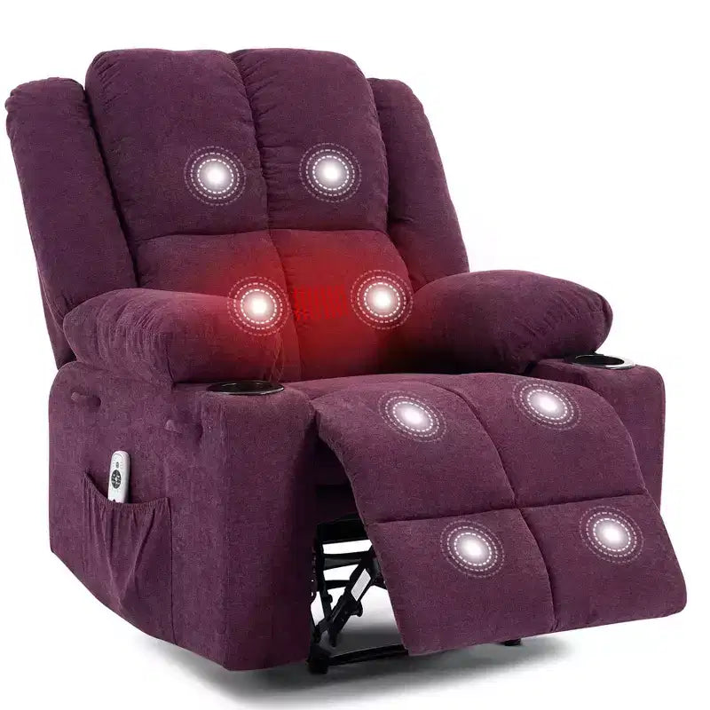Fauteuil inclinable massant surdimensionné GustoWave avec fonction chauffante pour adultes, canapé inclinable manuel en tissu avec poche latérale, lin