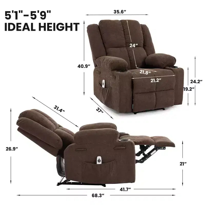 Fauteuil inclinable massant surdimensionné GustoWave avec fonction chauffante pour adultes, canapé inclinable manuel en tissu avec poche latérale, lin