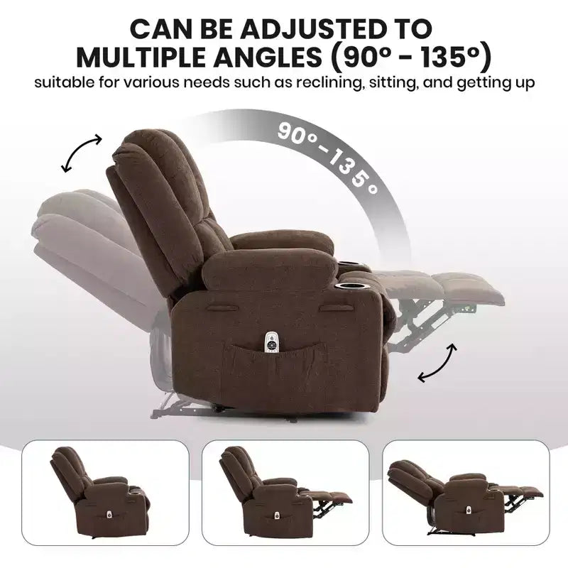 Fauteuil inclinable massant surdimensionné GustoWave avec fonction chauffante pour adultes, canapé inclinable manuel en tissu avec poche latérale, lin