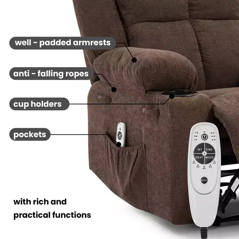 Fauteuil inclinable massant surdimensionné GustoWave avec fonction chauffante pour adultes, canapé inclinable manuel en tissu avec poche latérale, lin