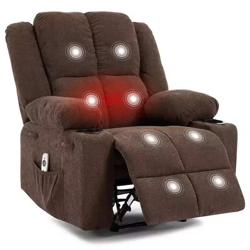 Fauteuil inclinable massant surdimensionné GustoWave avec fonction chauffante pour adultes, canapé inclinable manuel en tissu avec poche latérale, lin