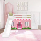 Lit double surélevé avec escalier, toboggan facile et rideau de style ferme rose pâle et blanc