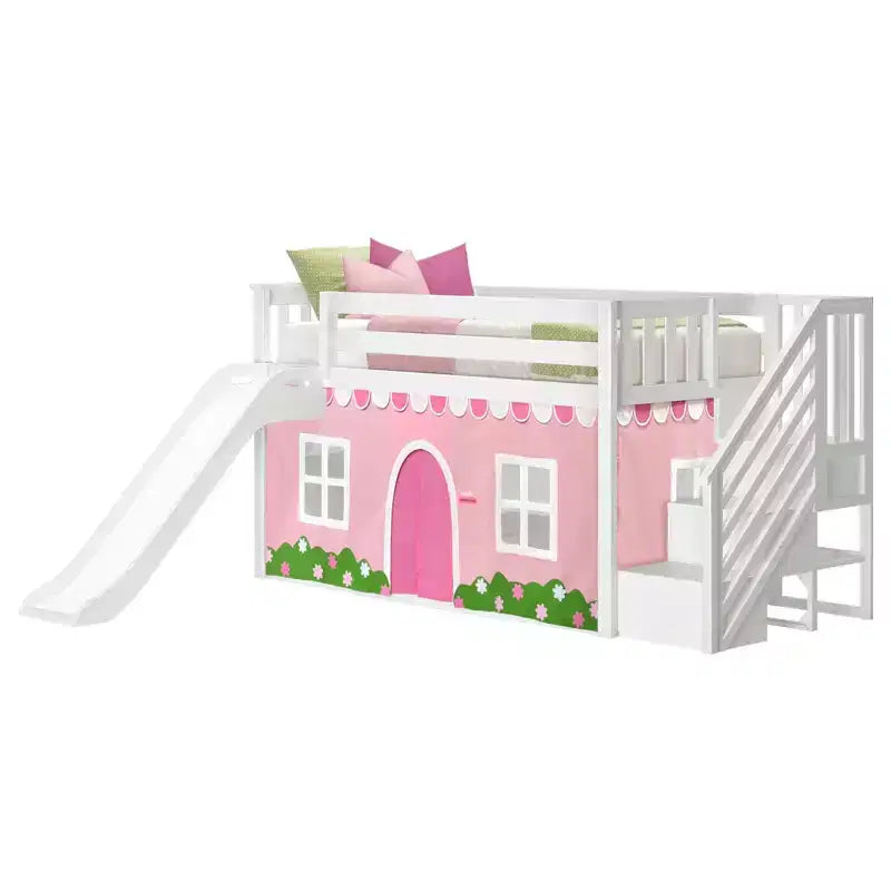 Lit double surélevé avec escalier, toboggan facile et rideau de style ferme rose pâle et blanc