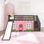 Lit double surélevé avec escalier, toboggan facile et rideau de style ferme rose pâle et blanc