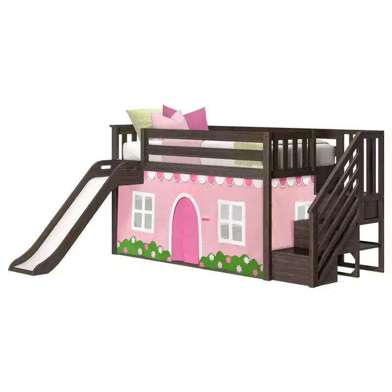 Lit double surélevé avec escalier, toboggan facile et rideau de style ferme rose pâle et blanc