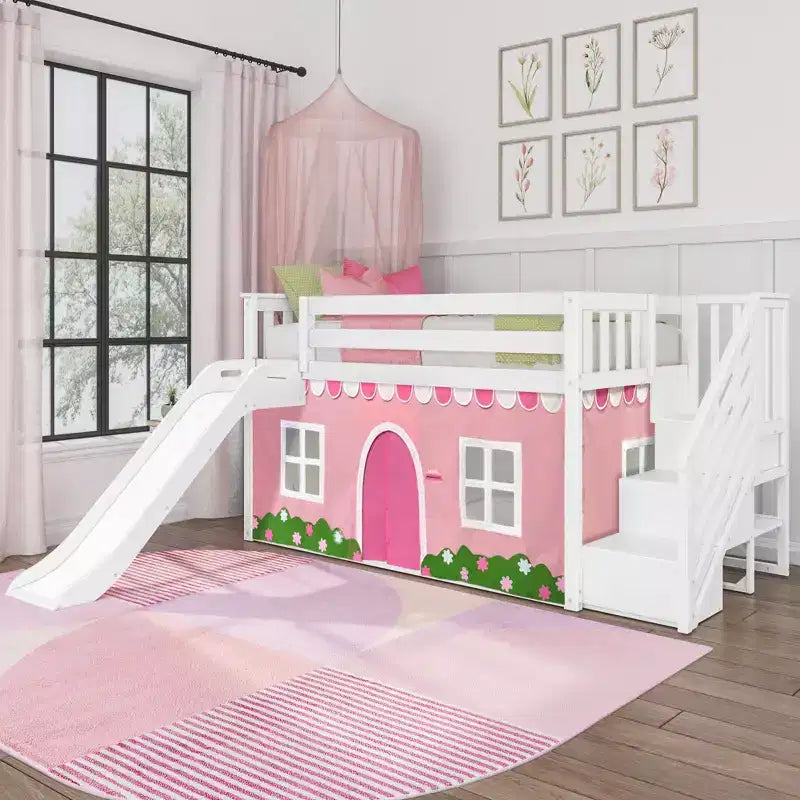 Twin Low Loft With Stairs, Easy Slide & Light Pink & White Farmhouse Curtain