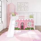 Lit surélevé simple avec glissière facile et rideau de maison de ferme rose pâle et blanc