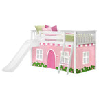 Lit surélevé simple avec glissière facile et rideau de maison de ferme rose pâle et blanc