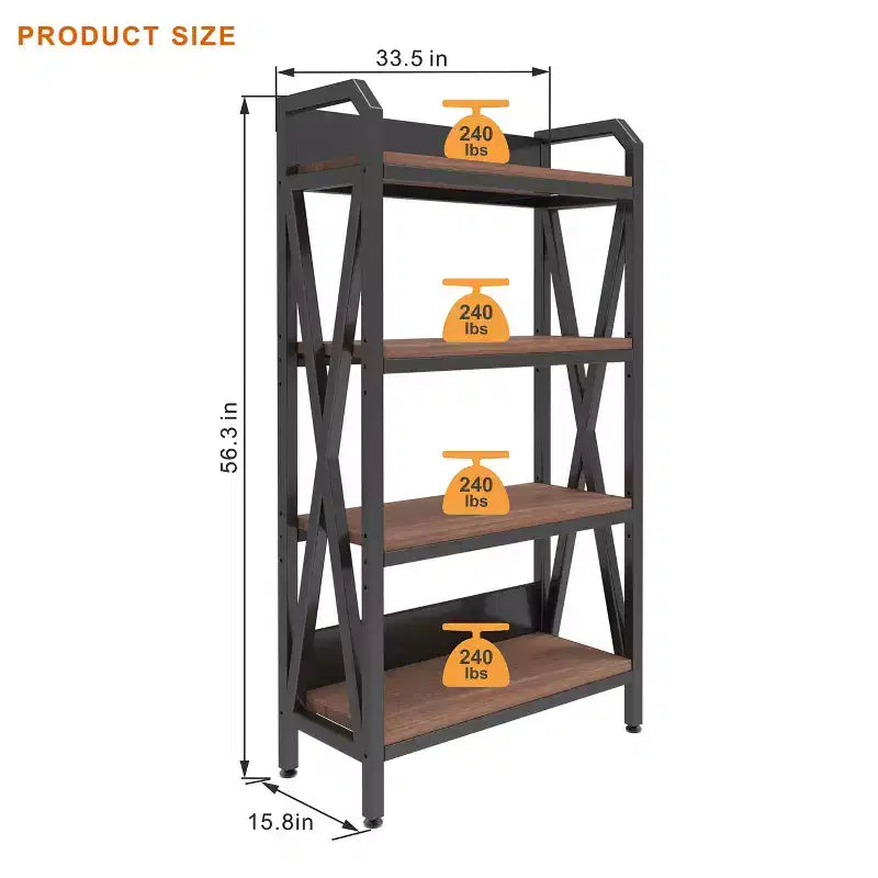 Homy Casa Étagère décorative à 4 niveaux en acier et bois de 85,09 cm, étagère de rangement industrielle moderne pour salon, bureau et cuisine, marron rustique