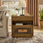 Coiffeuse avec étagères ouvertes et tiroirs en verre, station de charge, prise et 2 tiroirs ; Meuble d'appoint pour salon/pièce de réception/chambre d'étudiant.