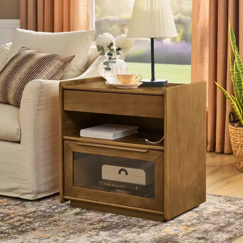 Coiffeuse avec étagères ouvertes et tiroirs en verre, station de charge, prise et 2 tiroirs ; Meuble d'appoint pour salon/pièce de réception/chambre d'étudiant.